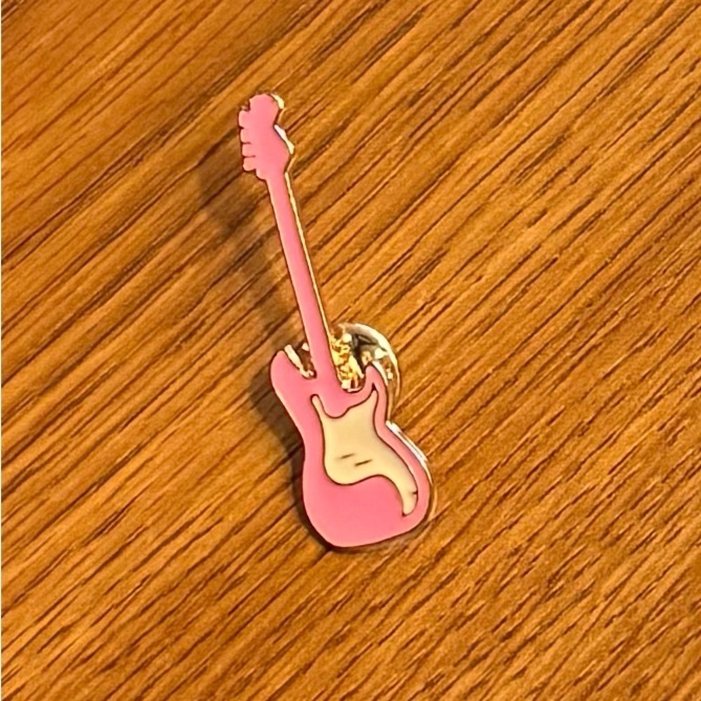 Women’s Accessories Cute Fun Pink Guitar Enamel Pin with White and Gold Accents
